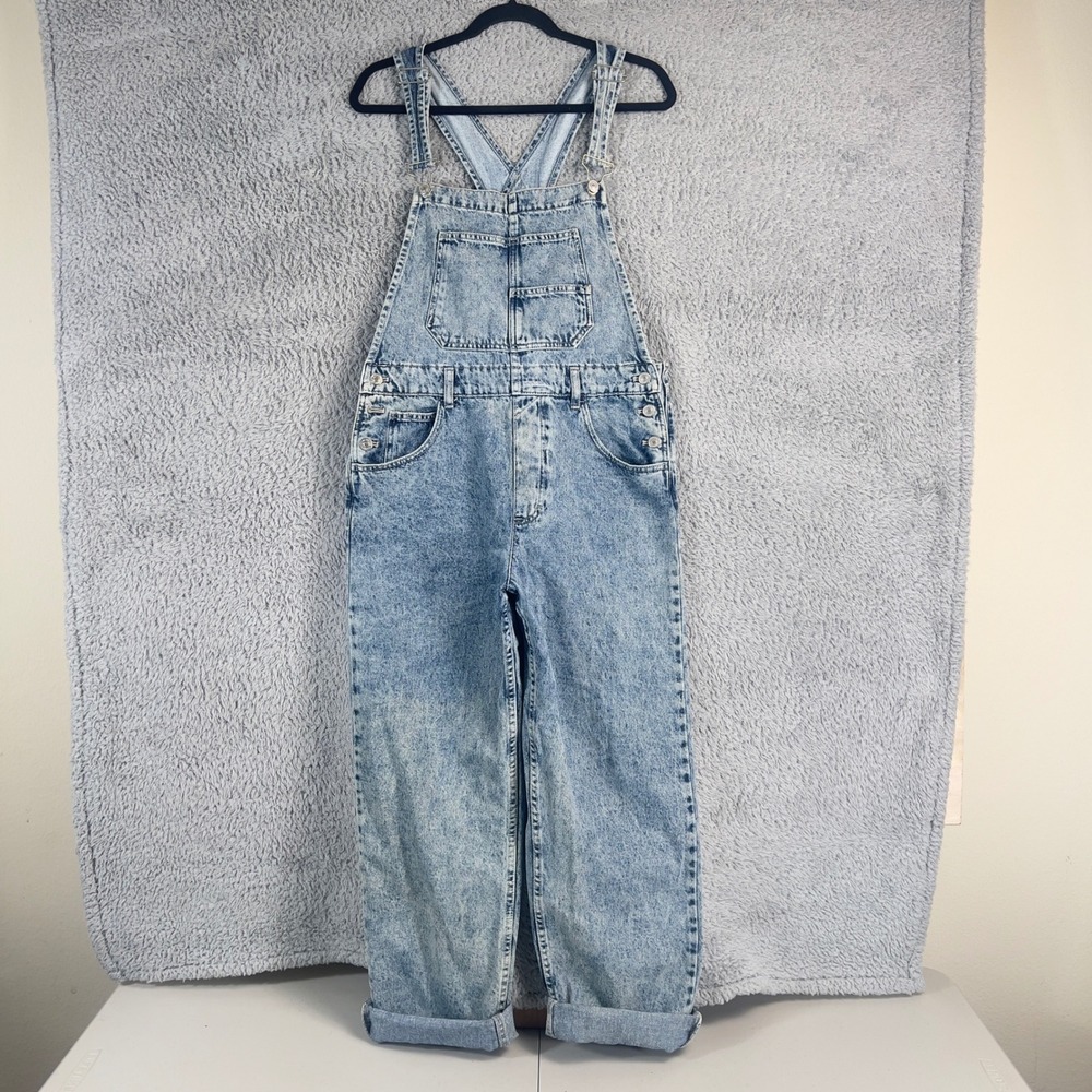 We The Free People Acid Wash Denim Overalls Relaxed Straight Leg Size M Blue